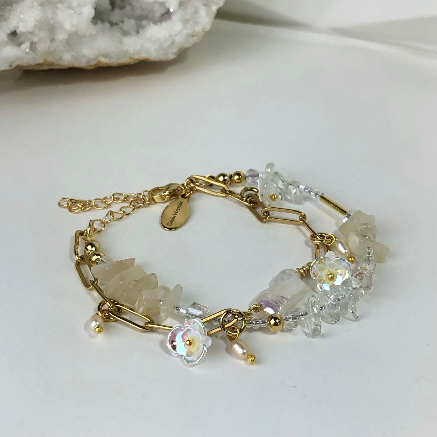 Moonstone, Clear Quartz and Pearls - Double Bracelet &amp; Earring Set (Matching Set)