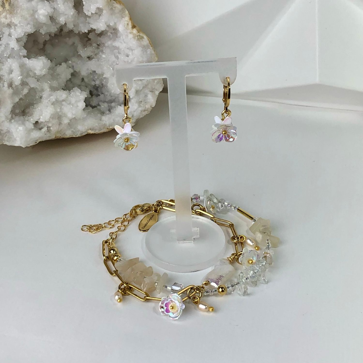 Moonstone, Clear Quartz and Pearls - Double Bracelet &amp; Earring Set (Matching Set)