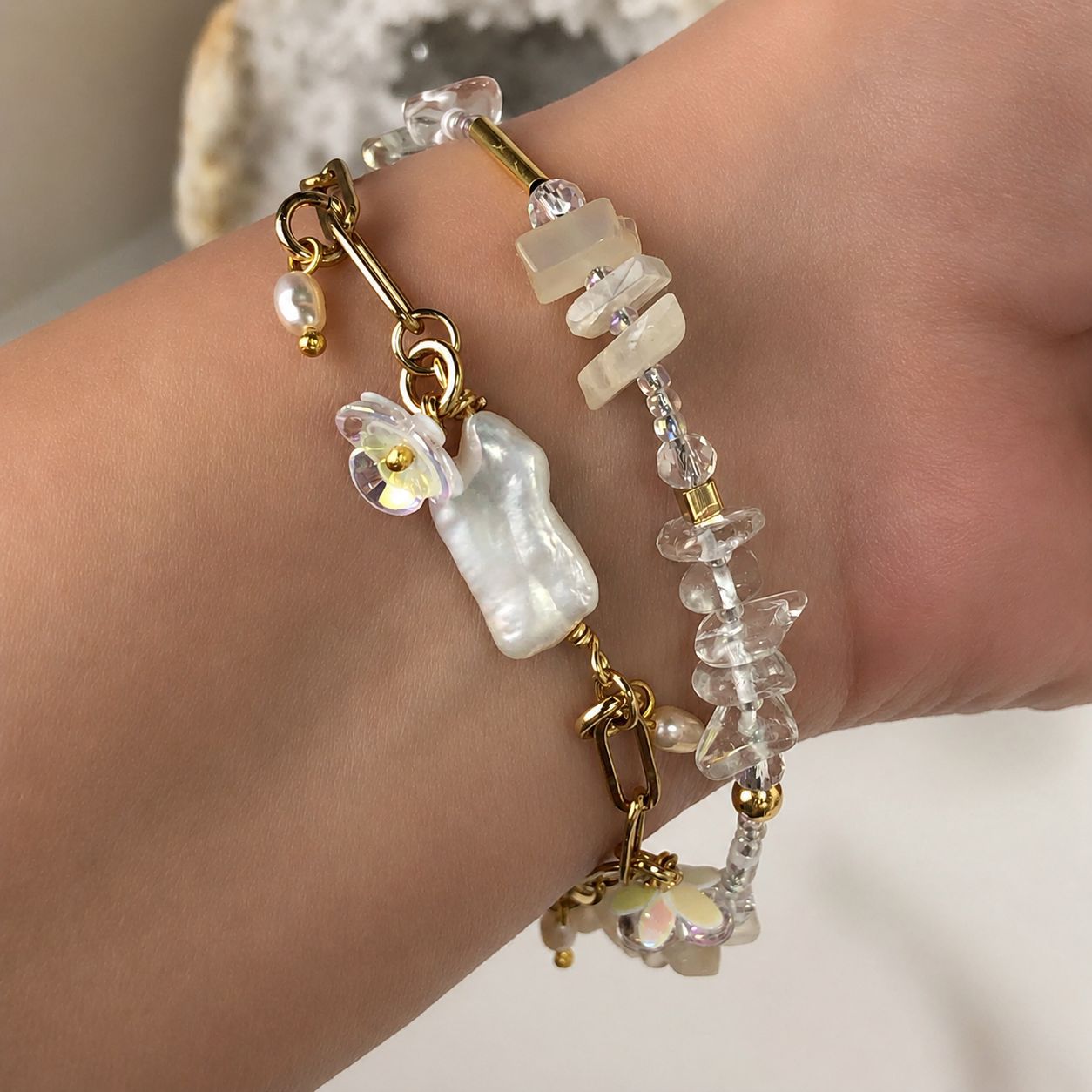 Moonstone, Clear Quartz and Pearls - Double Bracelet &amp; Earring Set (Matching Set)