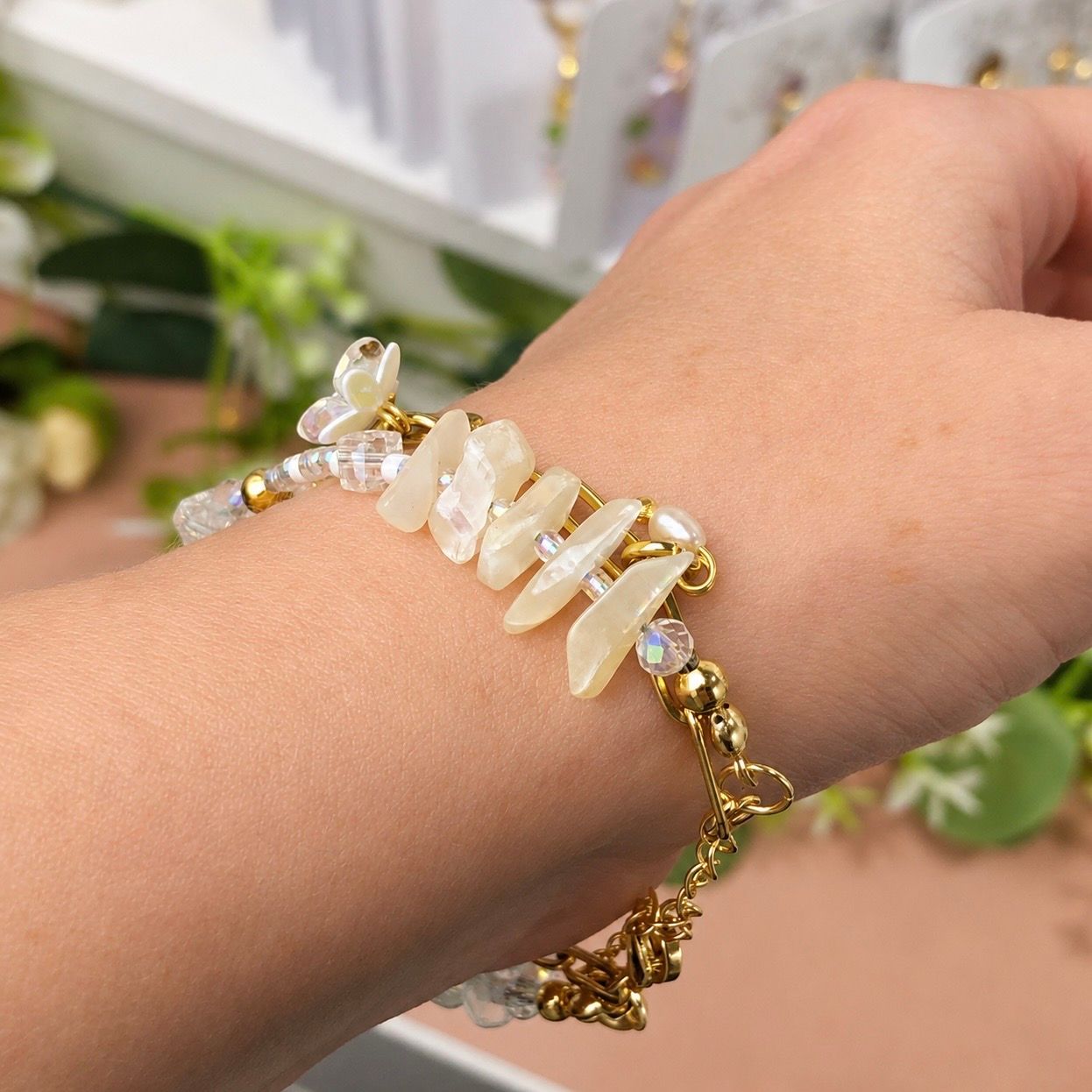 Moonstone, Clear Quartz and Pearls - Double Bracelet &amp; Earring Set (Matching Set)