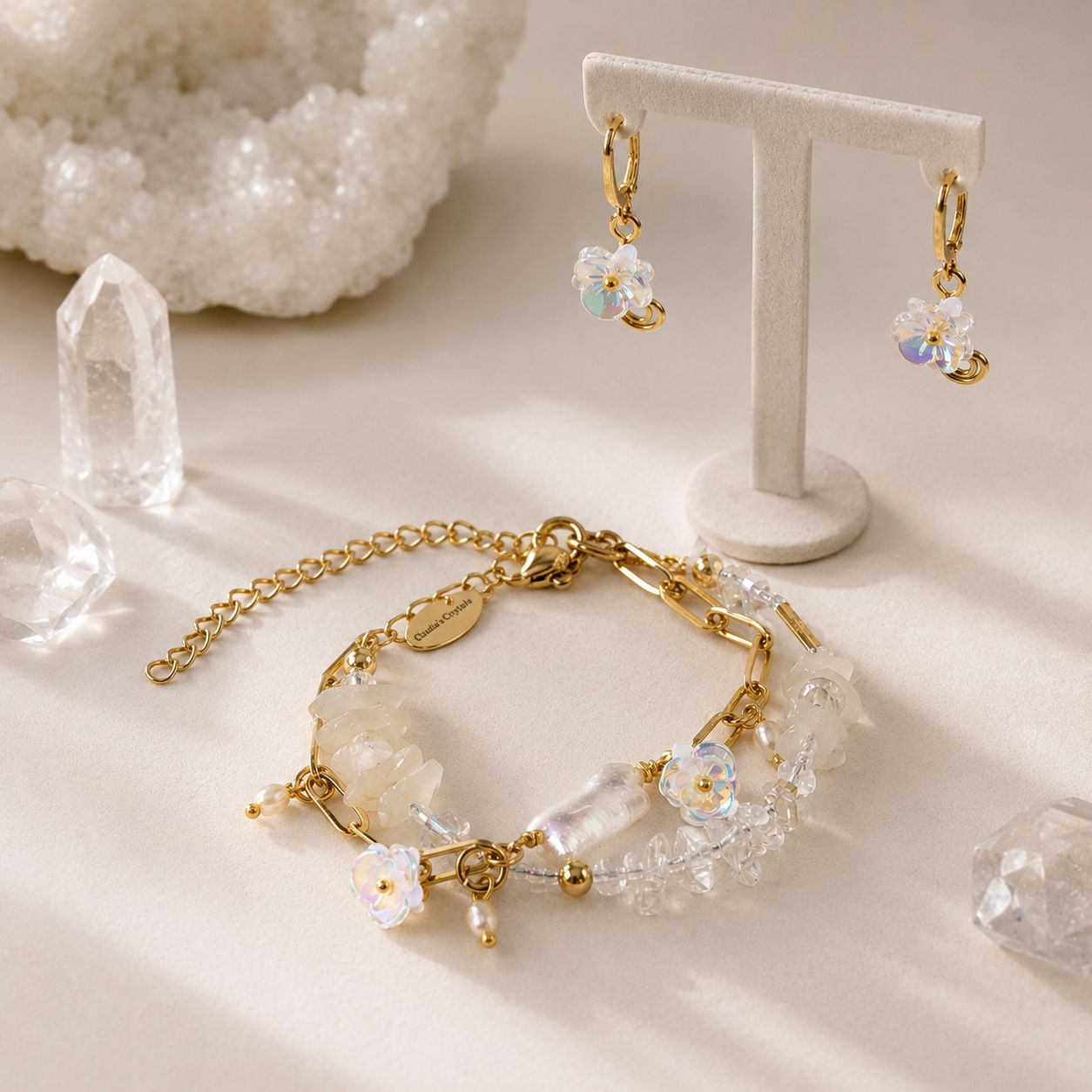 Moonstone, Clear Quartz and Pearls - Double Bracelet &amp; Earring Set (Matching Set)