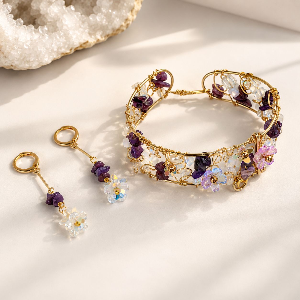 Charoite Bangle with clasp &amp; Matching Earrings - Blossoms Collection