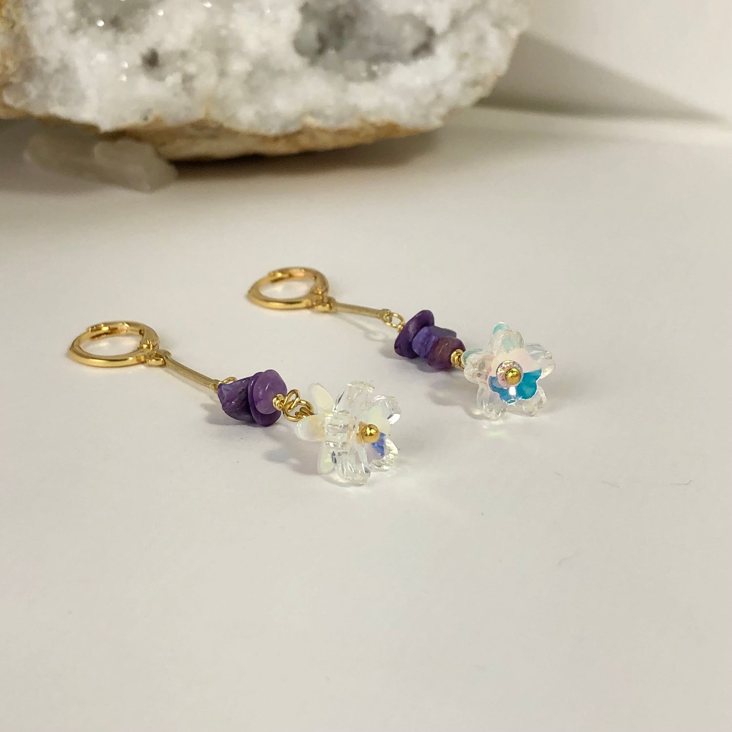 Charoite Bangle with clasp &amp; Matching Earrings - Blossoms Collection