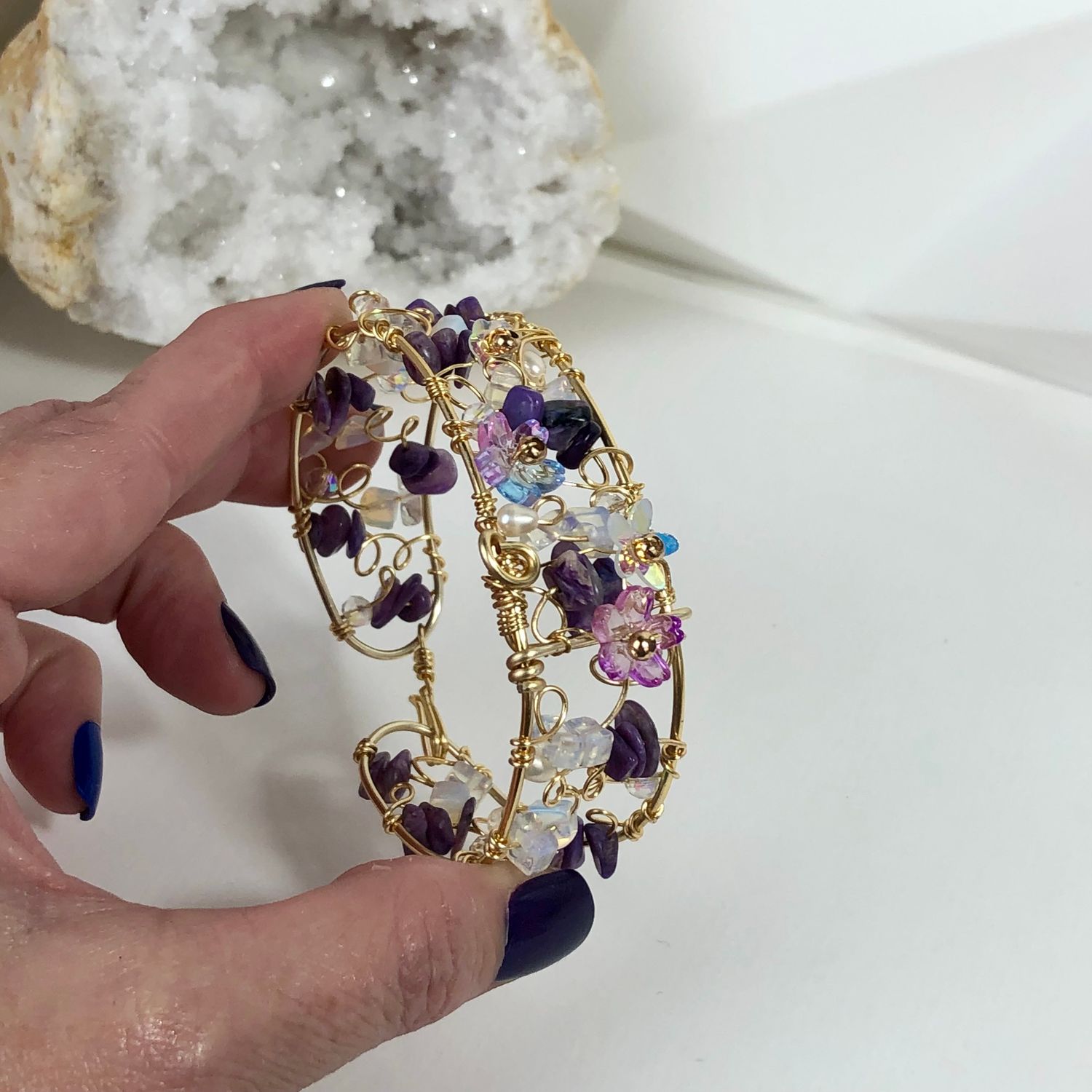 Charoite Bangle with clasp &amp; Matching Earrings - Blossoms Collection
