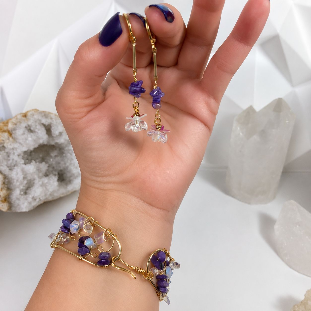 Charoite Bangle with clasp &amp; Matching Earrings - Blossoms Collection