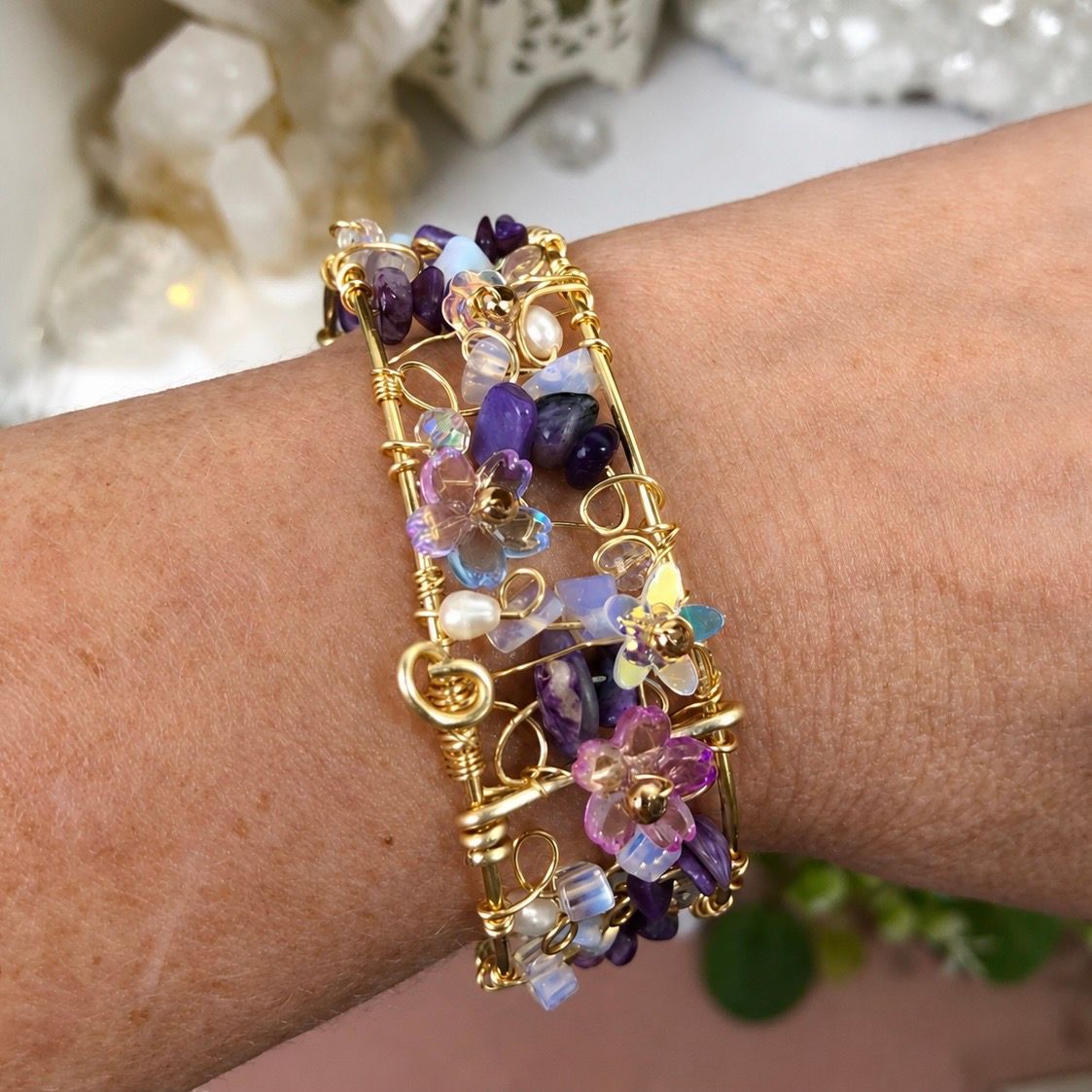 Charoite Bangle with clasp &amp; Matching Earrings - Blossoms Collection