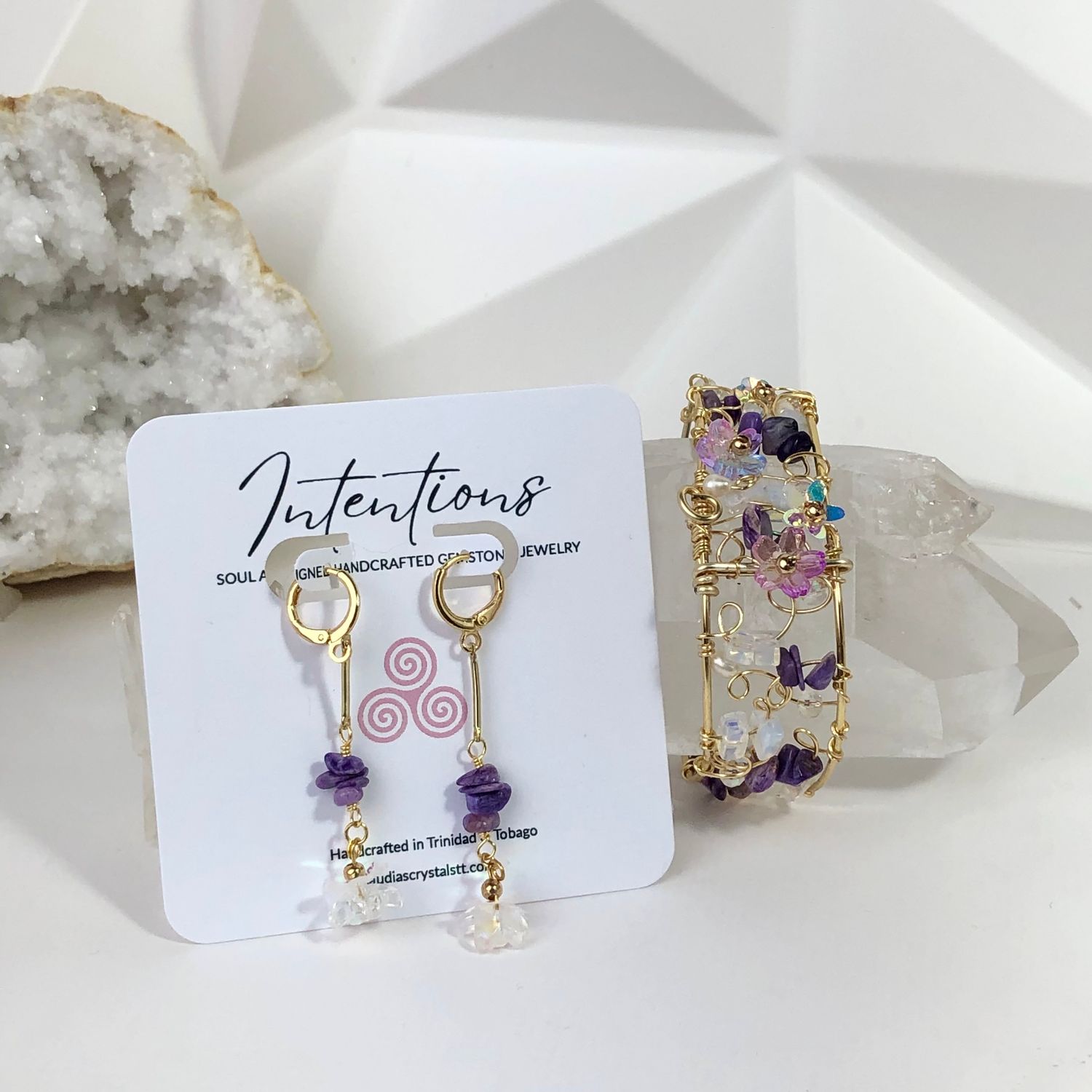 Charoite Bangle with clasp &amp; Matching Earrings - Blossoms Collection