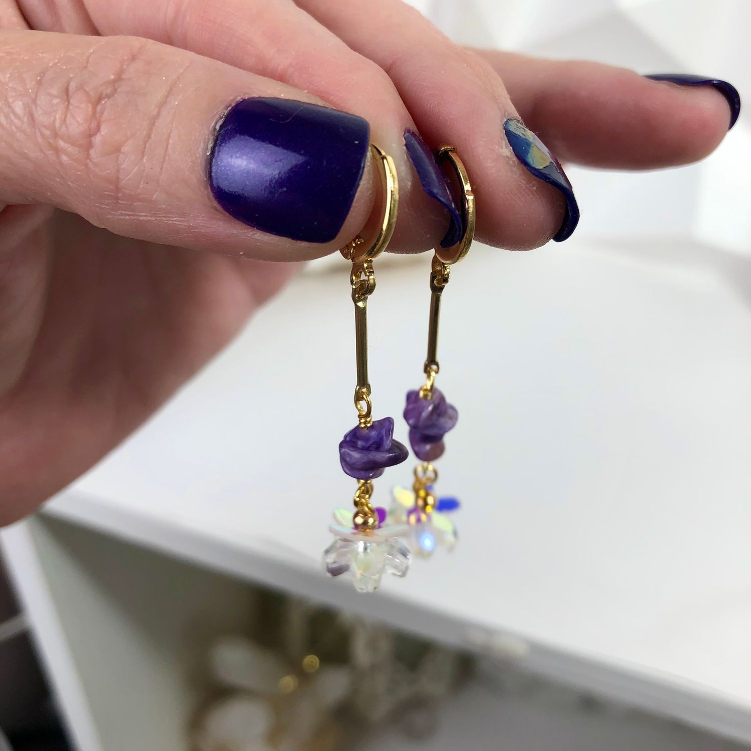Charoite Bangle with clasp &amp; Matching Earrings - Blossoms Collection