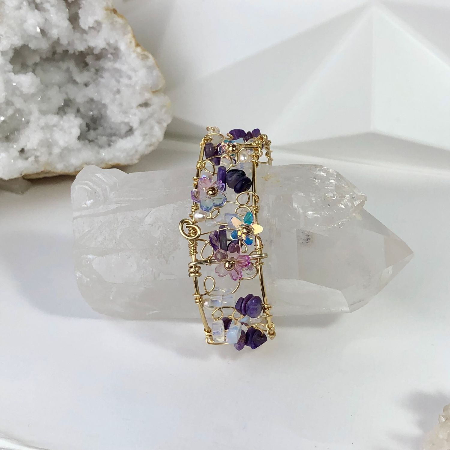 Charoite Bangle with clasp &amp; Matching Earrings - Blossoms Collection