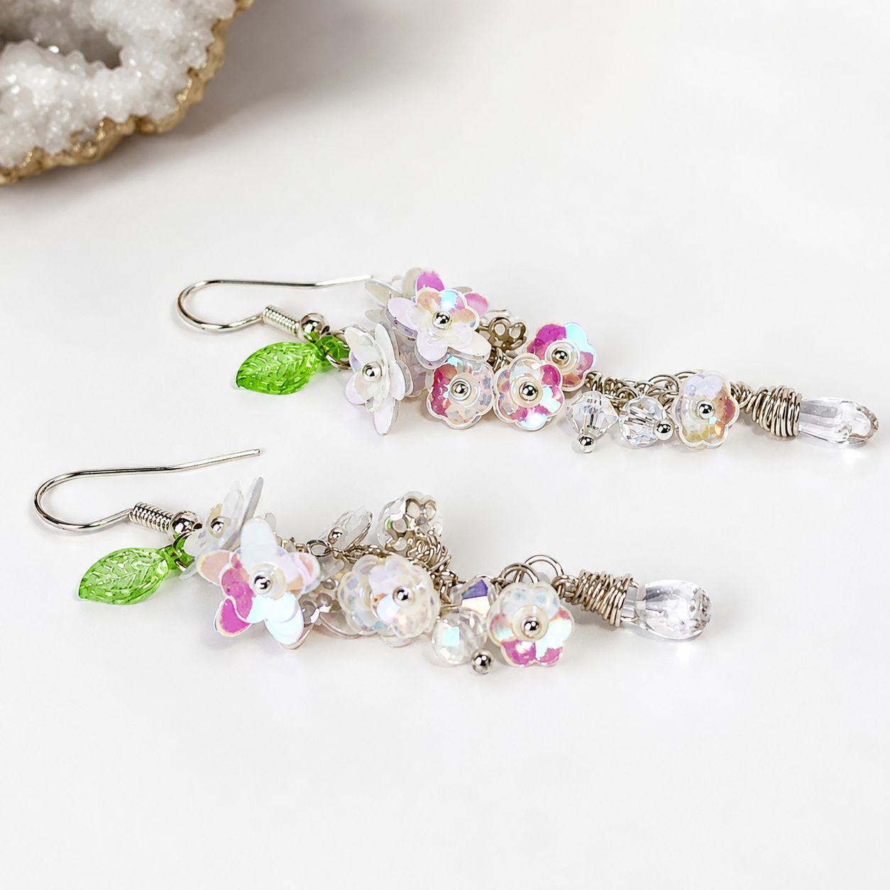 CLEAR QUARTZ WITH BLOSSOMS - Crystal Therapy Earrings
