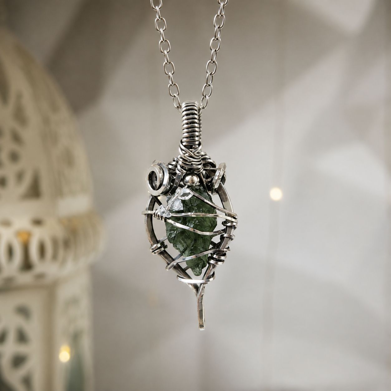 MOLDAVITE & HERKIMER DIAMONDS - Crystal Therapy Pendant - Antiqued Sterling Silver MOLDAVITE & HERKIMER DIAMONDS - Crystal Therapy Pendant - Antiqued Sterling Silver