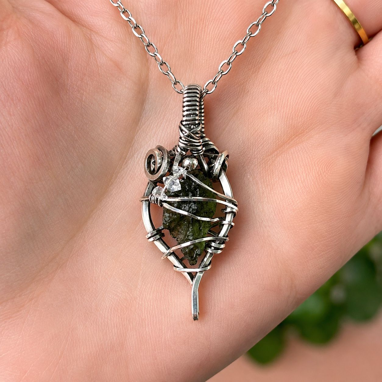 MOLDAVITE &amp; HERKIMER DIAMONDS - Crystal Therapy Pendant - Antiqued Sterling Silver