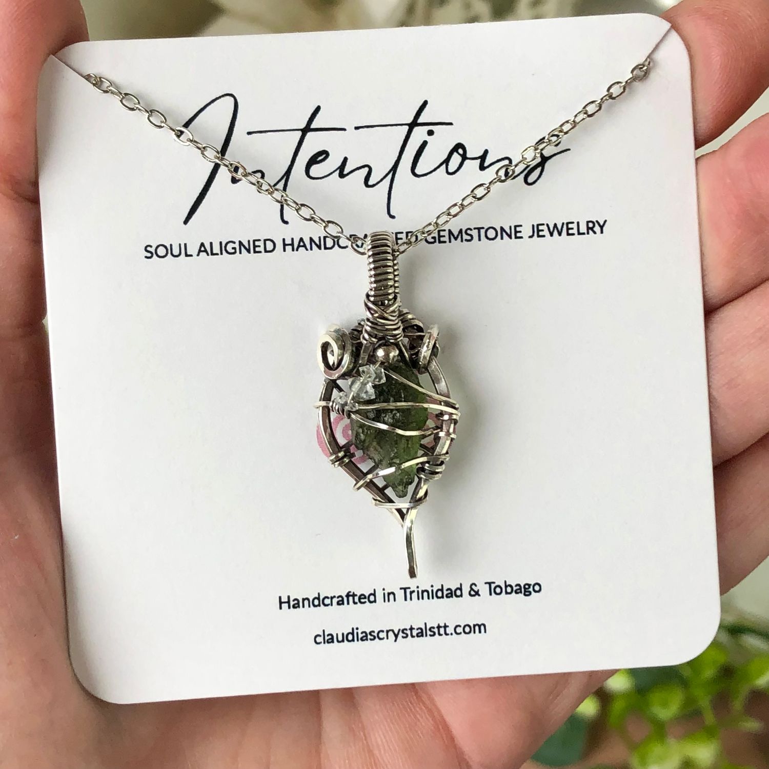 MOLDAVITE &amp; HERKIMER DIAMONDS - Crystal Therapy Pendant - Antiqued Sterling Silver