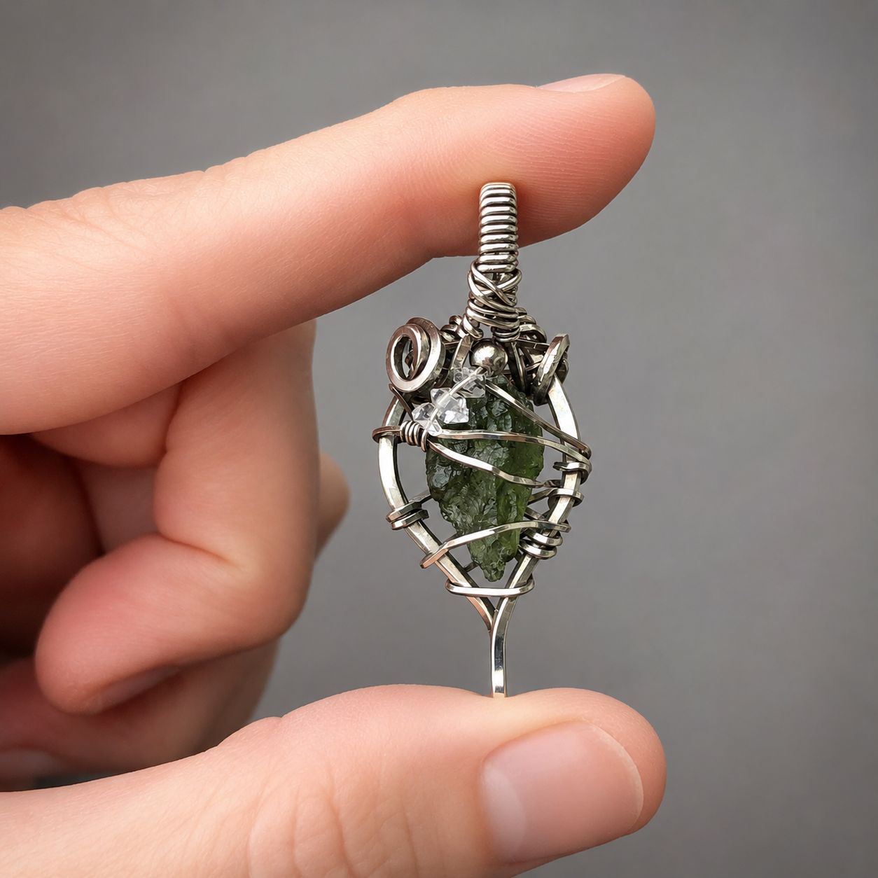 MOLDAVITE &amp; HERKIMER DIAMONDS - Crystal Therapy Pendant - Antiqued Sterling Silver