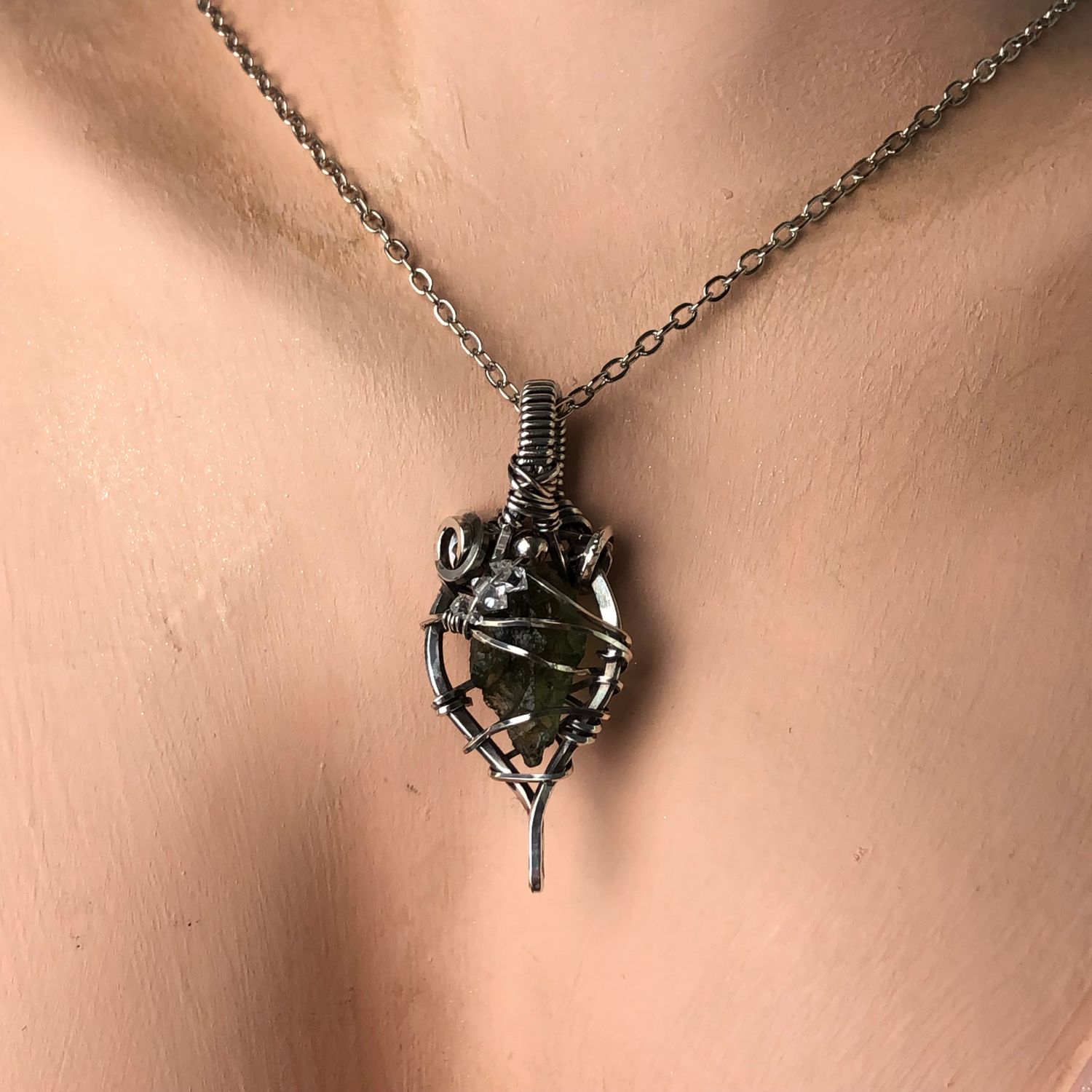 MOLDAVITE &amp; HERKIMER DIAMONDS - Crystal Therapy Pendant - Antiqued Sterling Silver