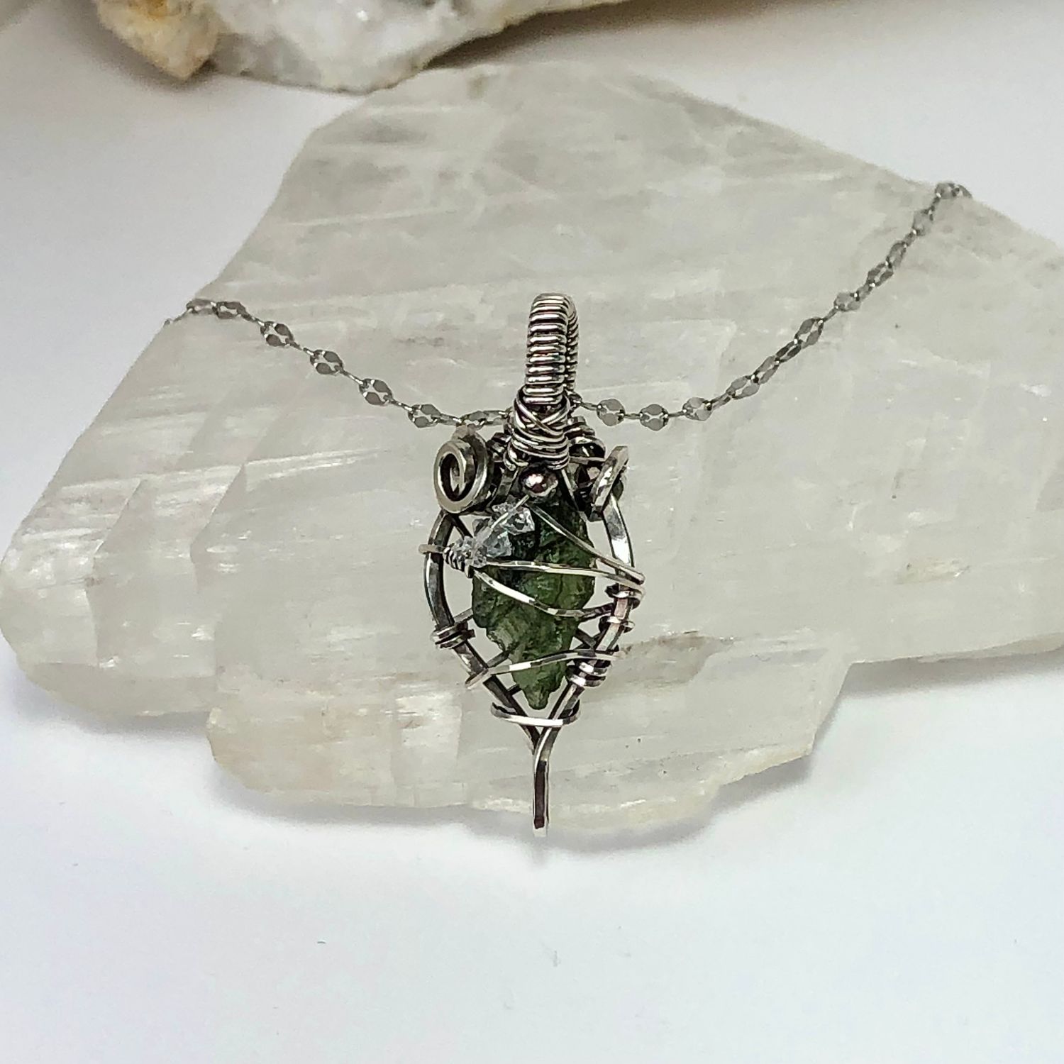 MOLDAVITE &amp; HERKIMER DIAMONDS - Crystal Therapy Pendant - Antiqued Sterling Silver