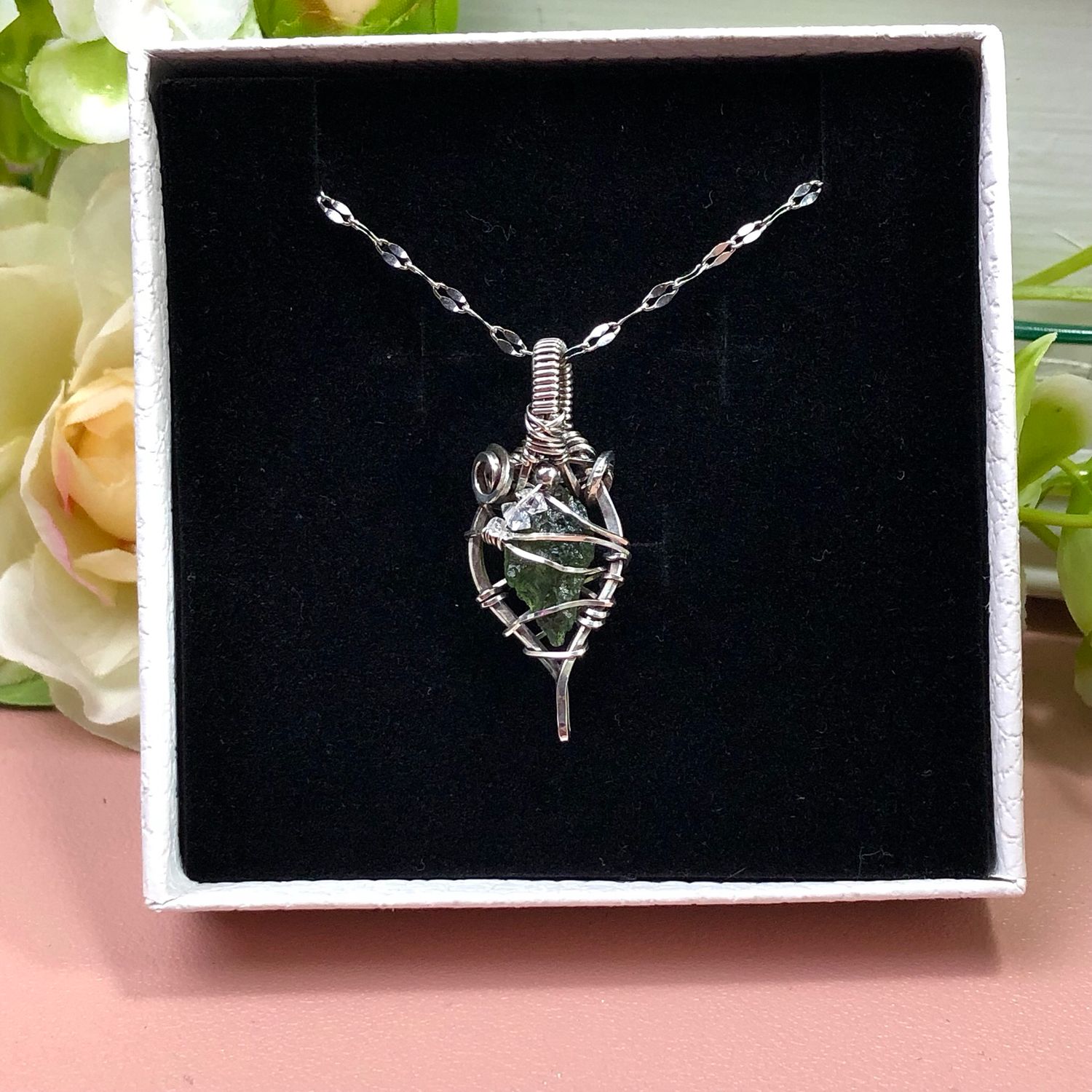 MOLDAVITE &amp; HERKIMER DIAMONDS - Crystal Therapy Pendant - Antiqued Sterling Silver