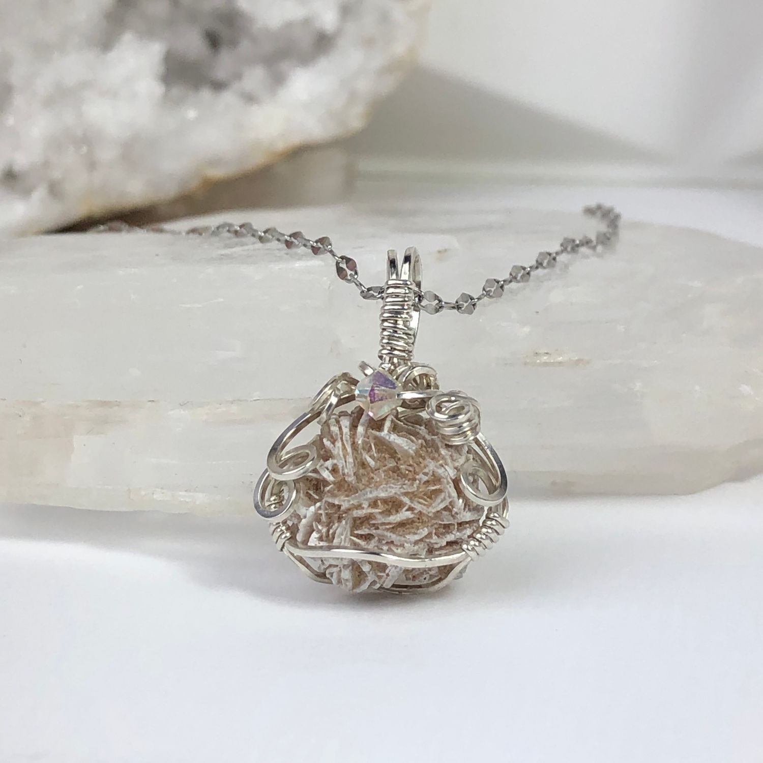 DESERT ROSE SELENITE - Crystal Therapy Pendant  - Sterling Silver