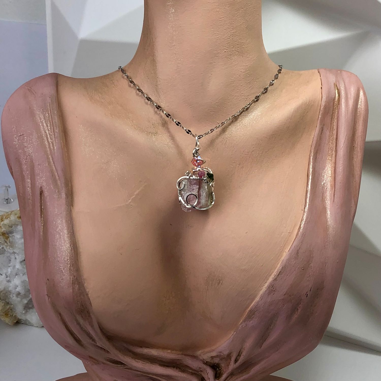 RAW WATERMELON TOURMALINE - Crystal Therapy Pendant  - Sterling Silver