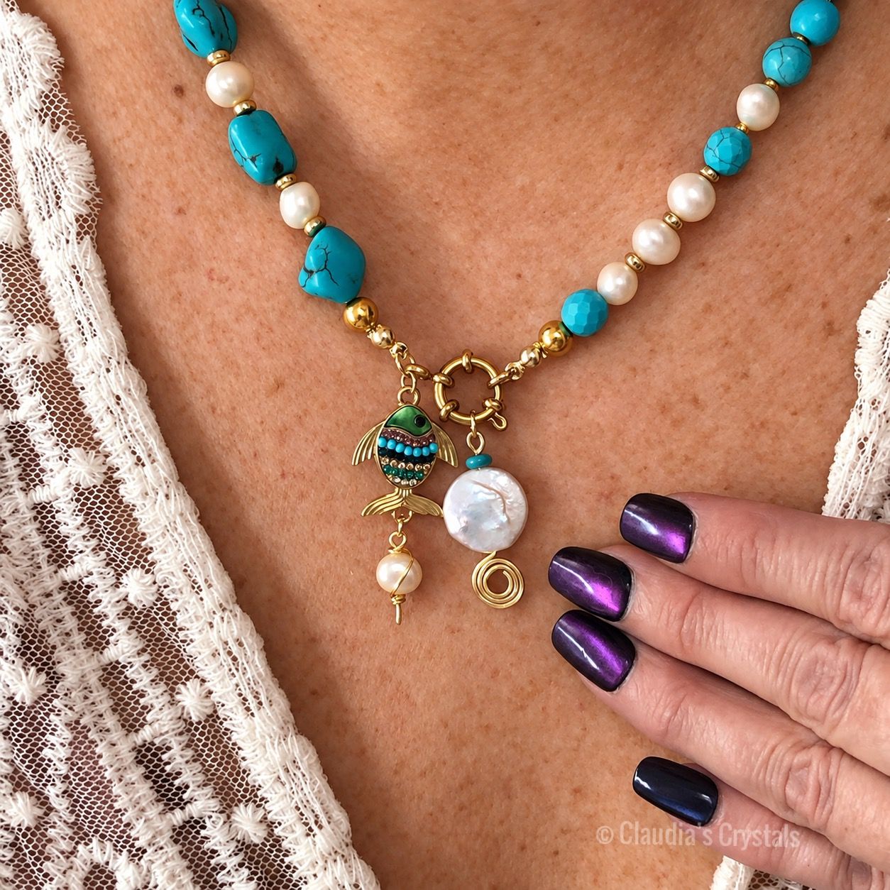 BLUE HOWLITE &amp; FRESHWATER PEARLS - Gemstone Crystal Therapy Necklace and Earring Set - Necklace – 18”