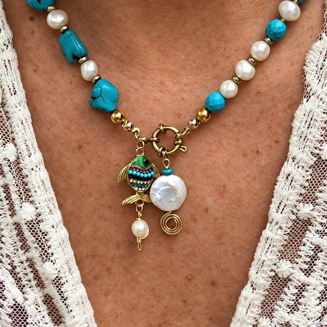 BLUE HOWLITE &amp; FRESHWATER PEARLS - Gemstone Crystal Therapy Necklace and Earring Set - Necklace – 18”
