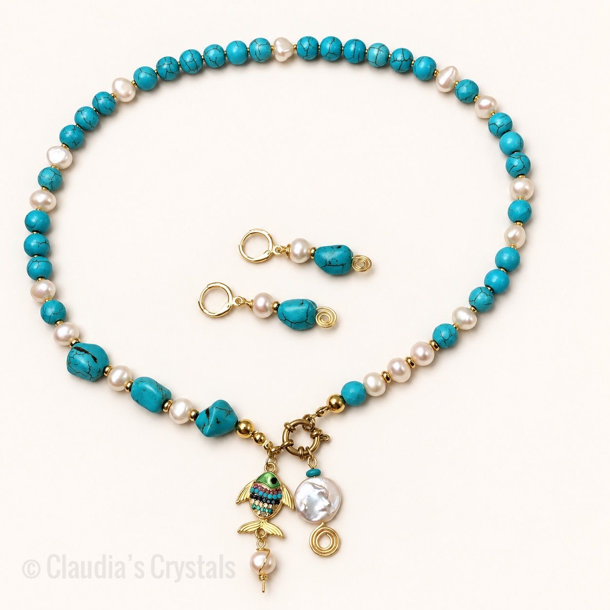 BLUE HOWLITE &amp; FRESHWATER PEARLS - Gemstone Crystal Therapy Necklace and Earring Set - Necklace – 18”
