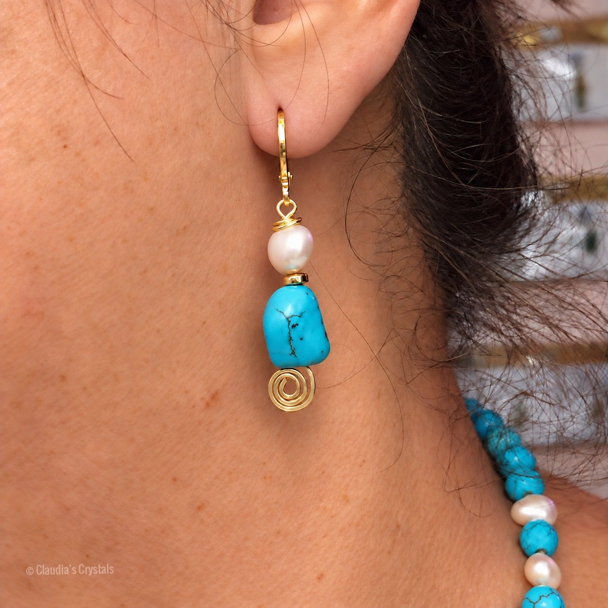 BLUE HOWLITE &amp; FRESHWATER PEARLS - Gemstone Crystal Therapy Necklace and Earring Set - Necklace – 18”