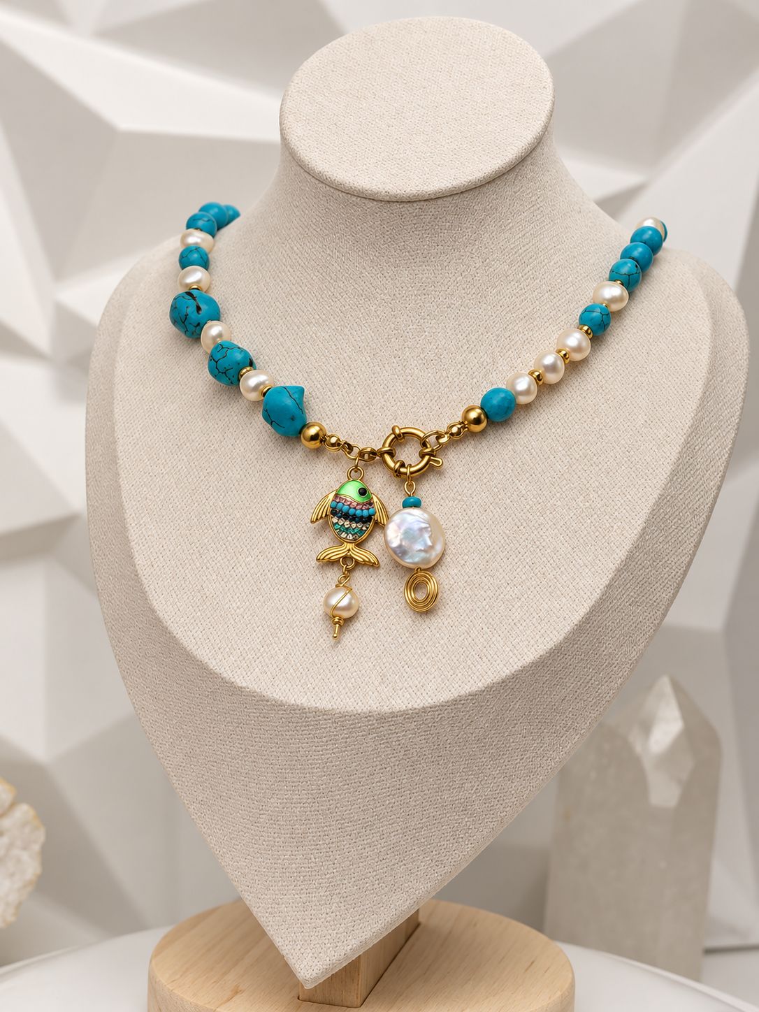 Sea Breeze - BLUE HOWLITE &amp; FRESHWATER PEARLS - Crystal Therapy Necklace and Earring Set - Necklace – 18”