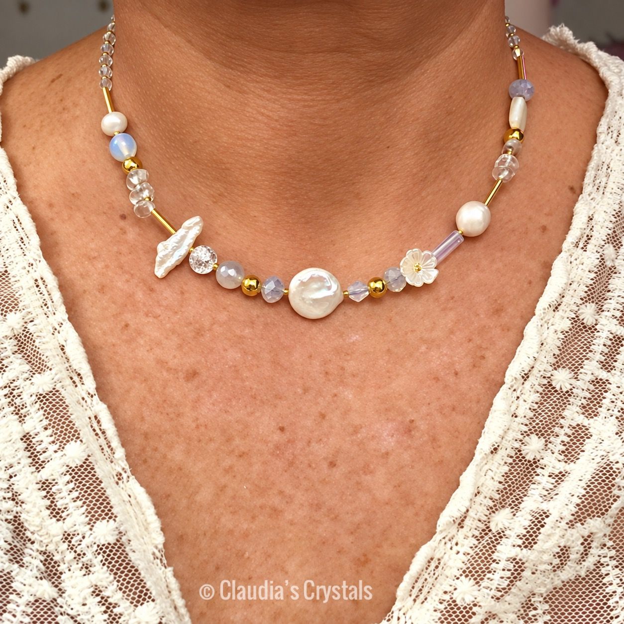 FRESHWATER PEARLS, QUARTZ &amp; OPALITE - Crystal Therapy Necklace – 18”