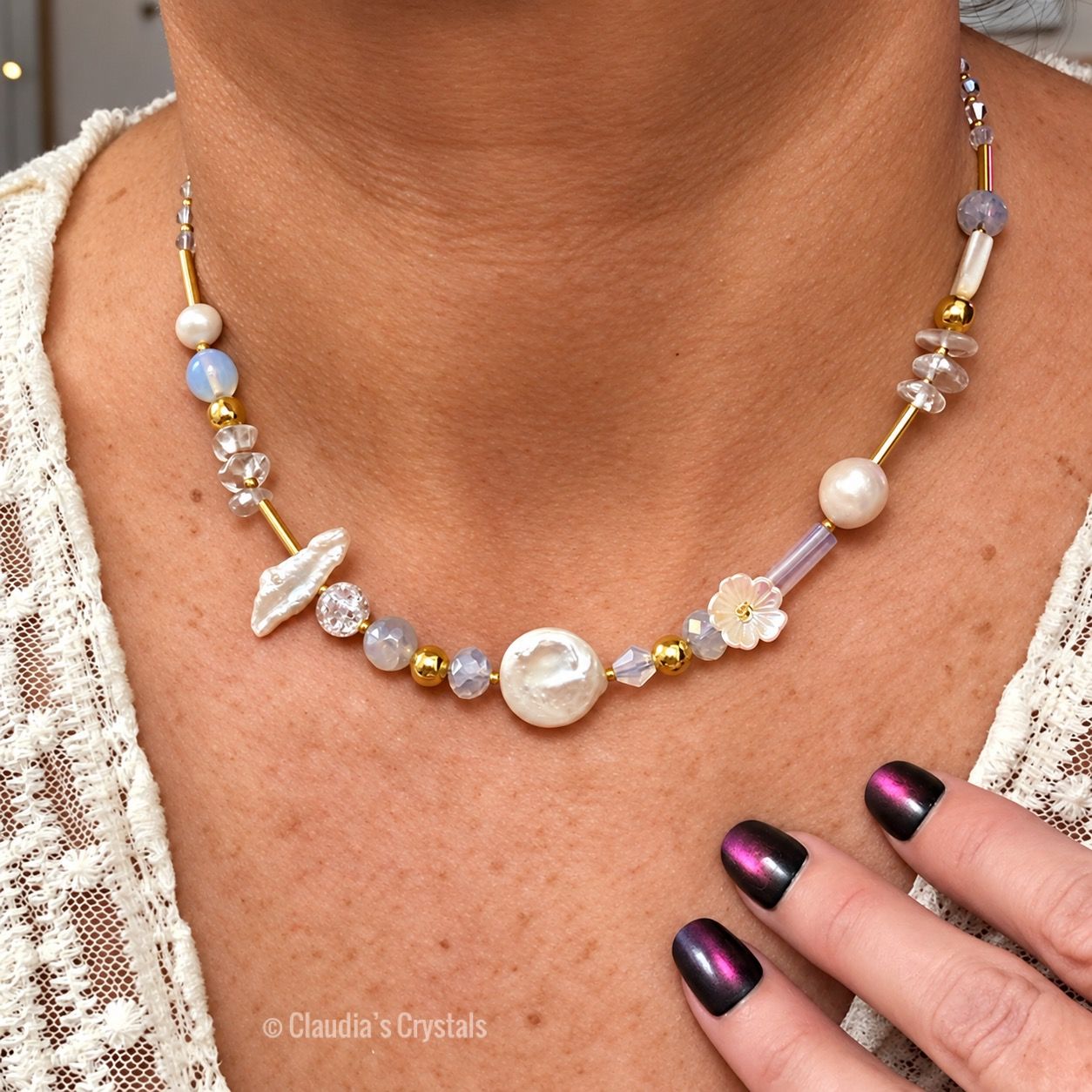 FRESHWATER PEARLS, QUARTZ &amp; OPALITE - Crystal Therapy Necklace – 18”