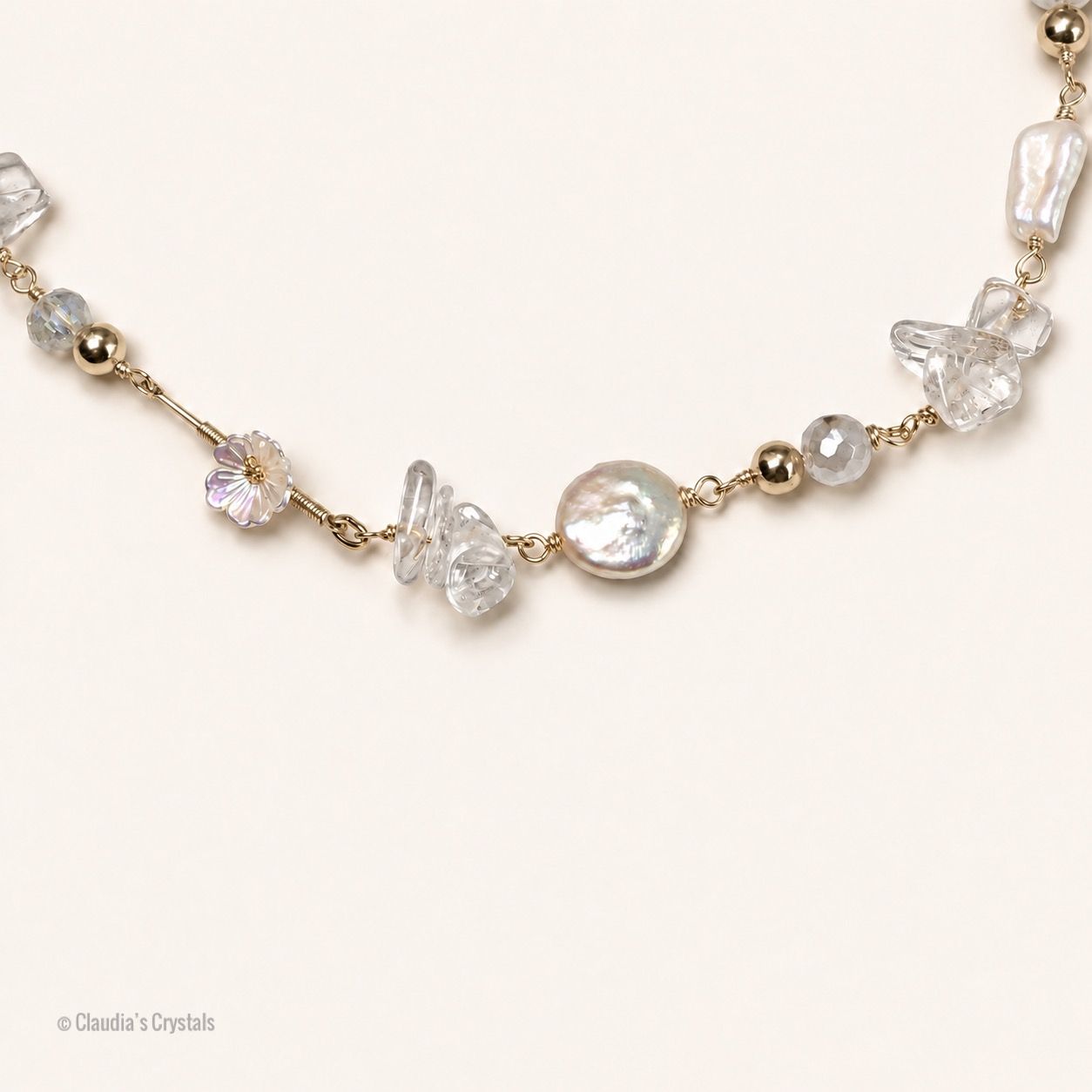 FRESHWATER PEARLS, QUARTZ &amp; AURA AGATE - Crystal Therapy Necklace Chain - 18”