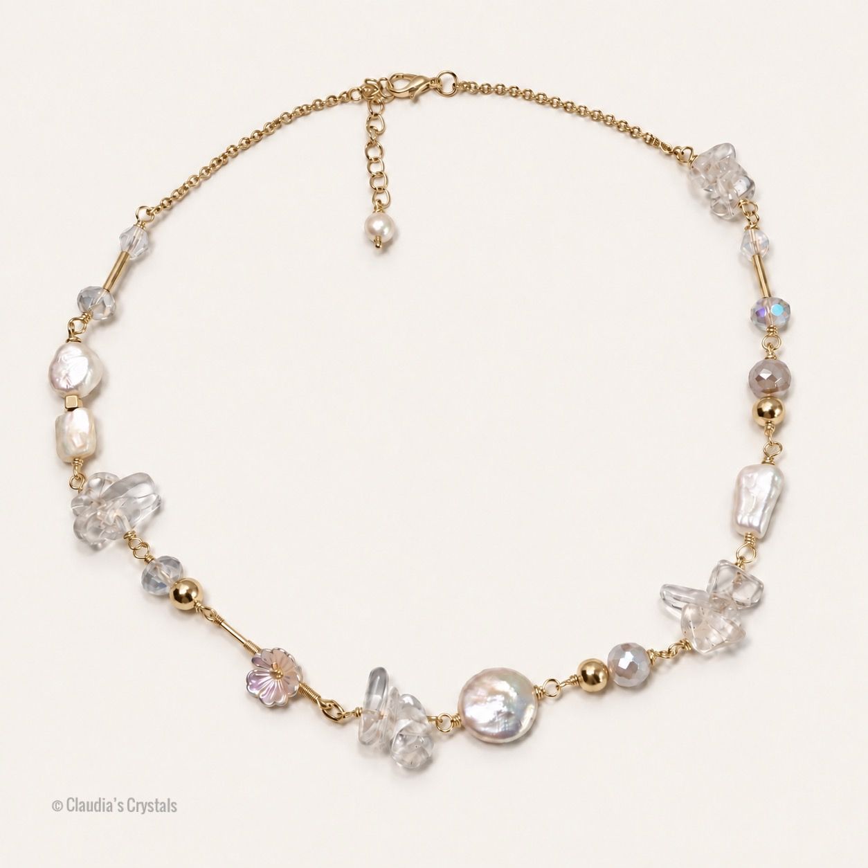 FRESHWATER PEARLS, QUARTZ &amp; AURA AGATE - Crystal Therapy Necklace Chain - 18”