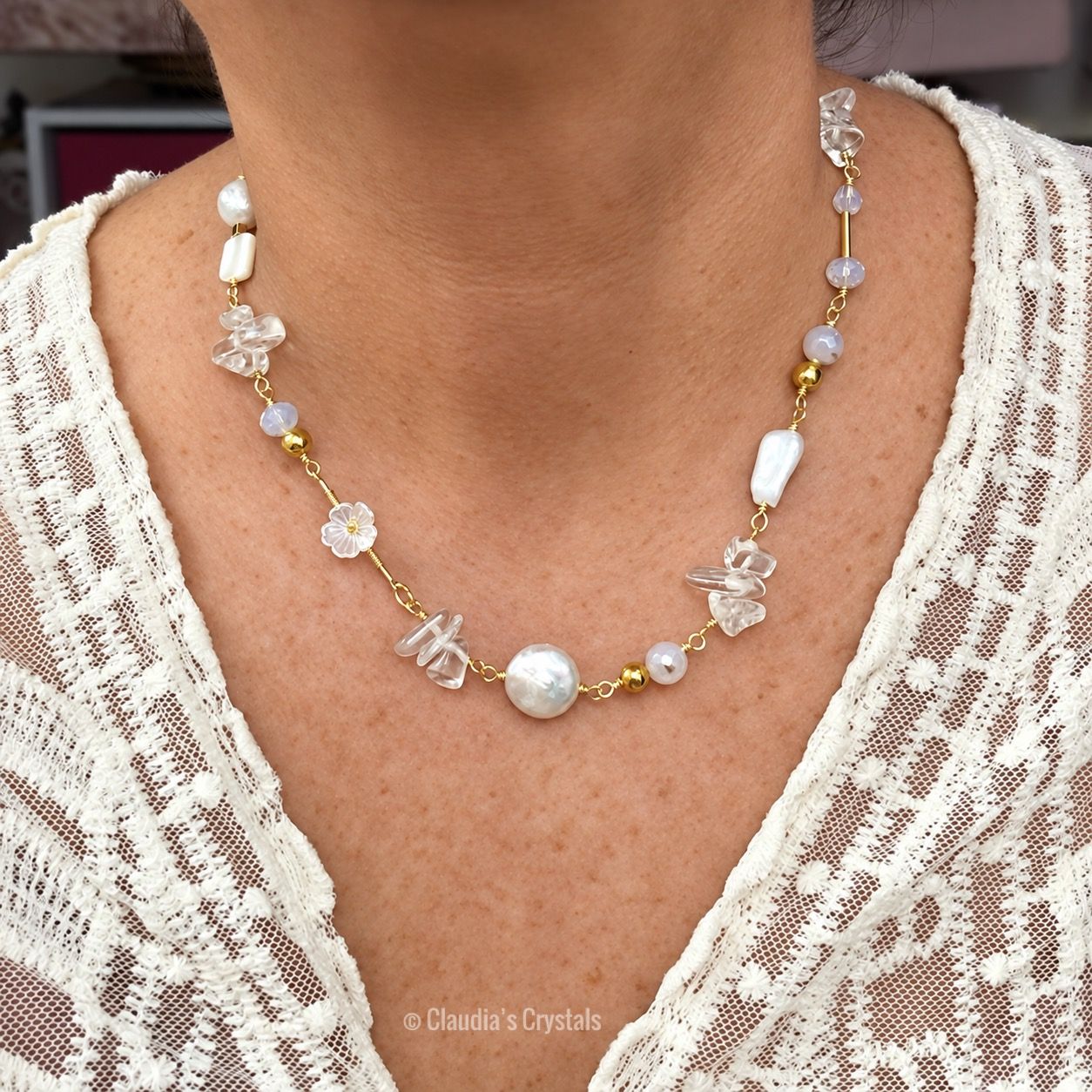 FRESHWATER PEARLS, QUARTZ &amp; AURA AGATE - Crystal Therapy Necklace Chain - 18”
