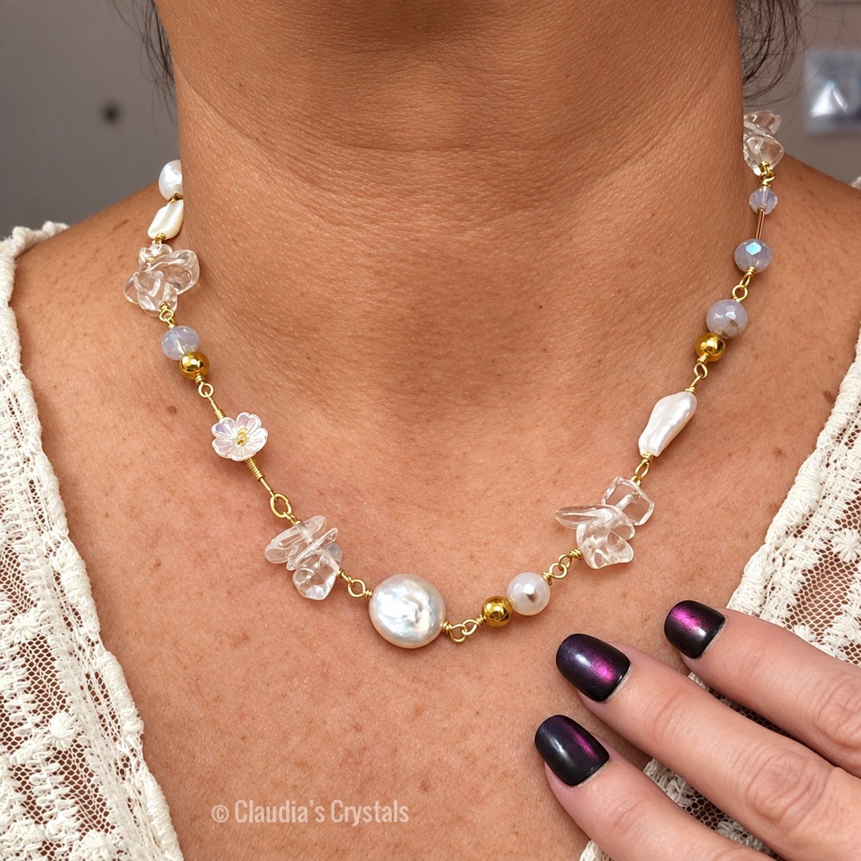 FRESHWATER PEARLS, QUARTZ &amp; AURA AGATE - Crystal Therapy Necklace Chain - 18”