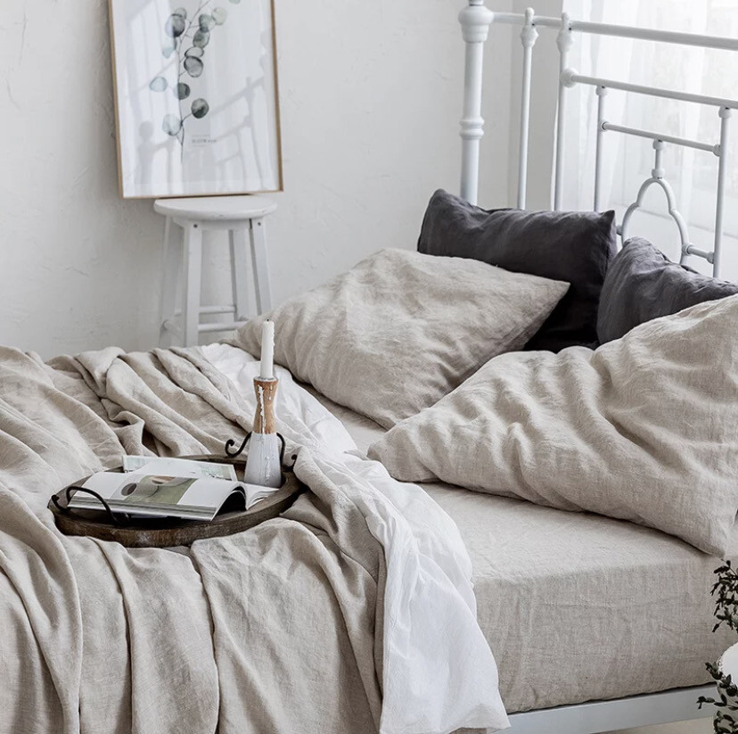 French Flax Linen Duvet Set - QUEEN Size ECRU &amp; OATMEAL