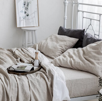 French Flax Linen Duvet Set - QUEEN Size ECRU &amp; OATMEAL
