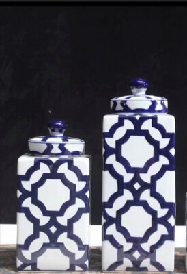 Set of Contemporary Hamptons Blue &amp; White Storage Jars