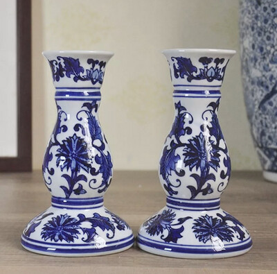 Set of Classic Blue &amp; White Hamptons Candle Holders 25cm