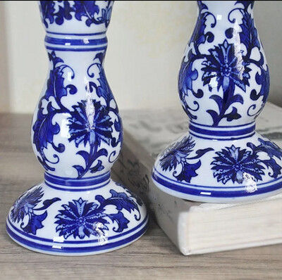 Set of Classic Blue &amp; White Hamptons Candle Holders 25cm