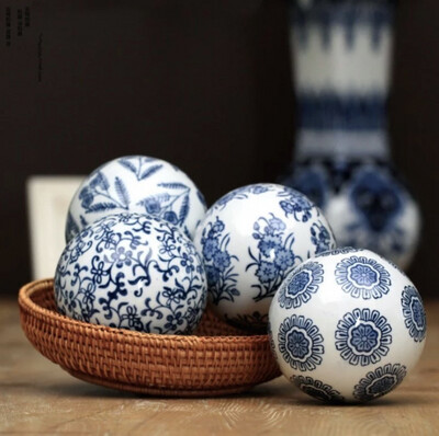 Set of 6 Blue &amp; White Chinoiserie Ceramic  Balls