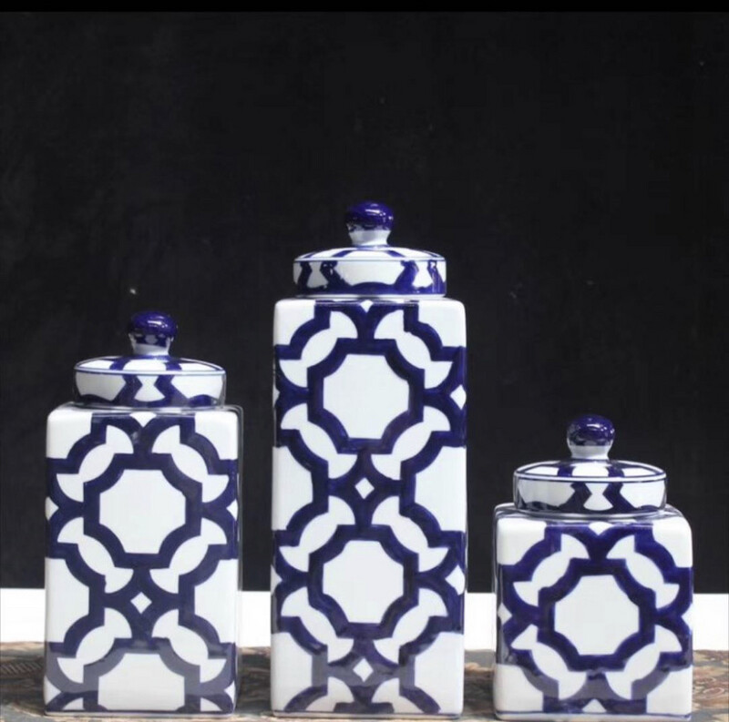 Set of Contemporary Hamptons Blue &amp; White Storage Jars