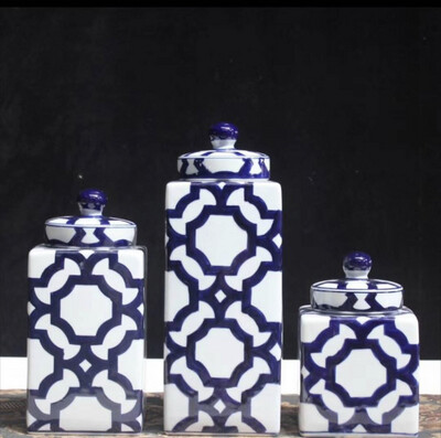 Set of Contemporary Hamptons Blue &amp; White Storage Jars
