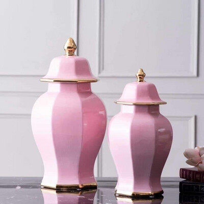 Luxe Hamptons Blush Pink &amp; Gold Hexagon Ginger Jar Large 40cm