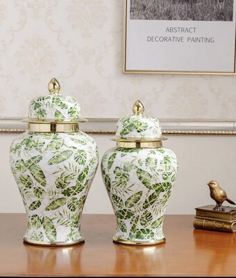 Luxe Hamptons Green and Gold Chinoiserie  Ginger Jar 43cm