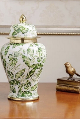 Luxe Hamptons Green and Gold Chinoiserie Large Ginger Jar 32cm