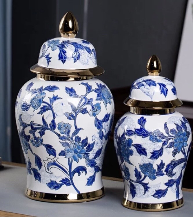 Hamptons Embossed Blue, White and Gold Chinoiserie Ginger Jar 45cm