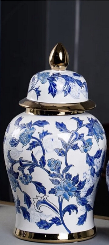 Hamptons Embossed Blue, White and Gold Chinoiserie Ginger Jar 35cm