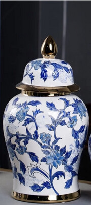 Hamptons Embossed Blue, White and Gold Chinoiserie Ginger Jar 35cm