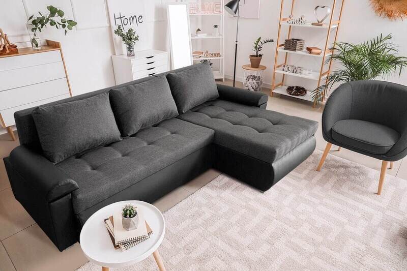Beautiful Savanna Fabric with Black Eco Leather Corner Sofa Bed LORETO (Black)