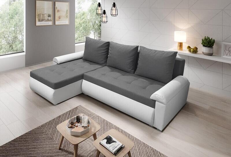 Beautiful Savanna Fabric with White Eco Leather Corner Sofa Bed LORETO (White)